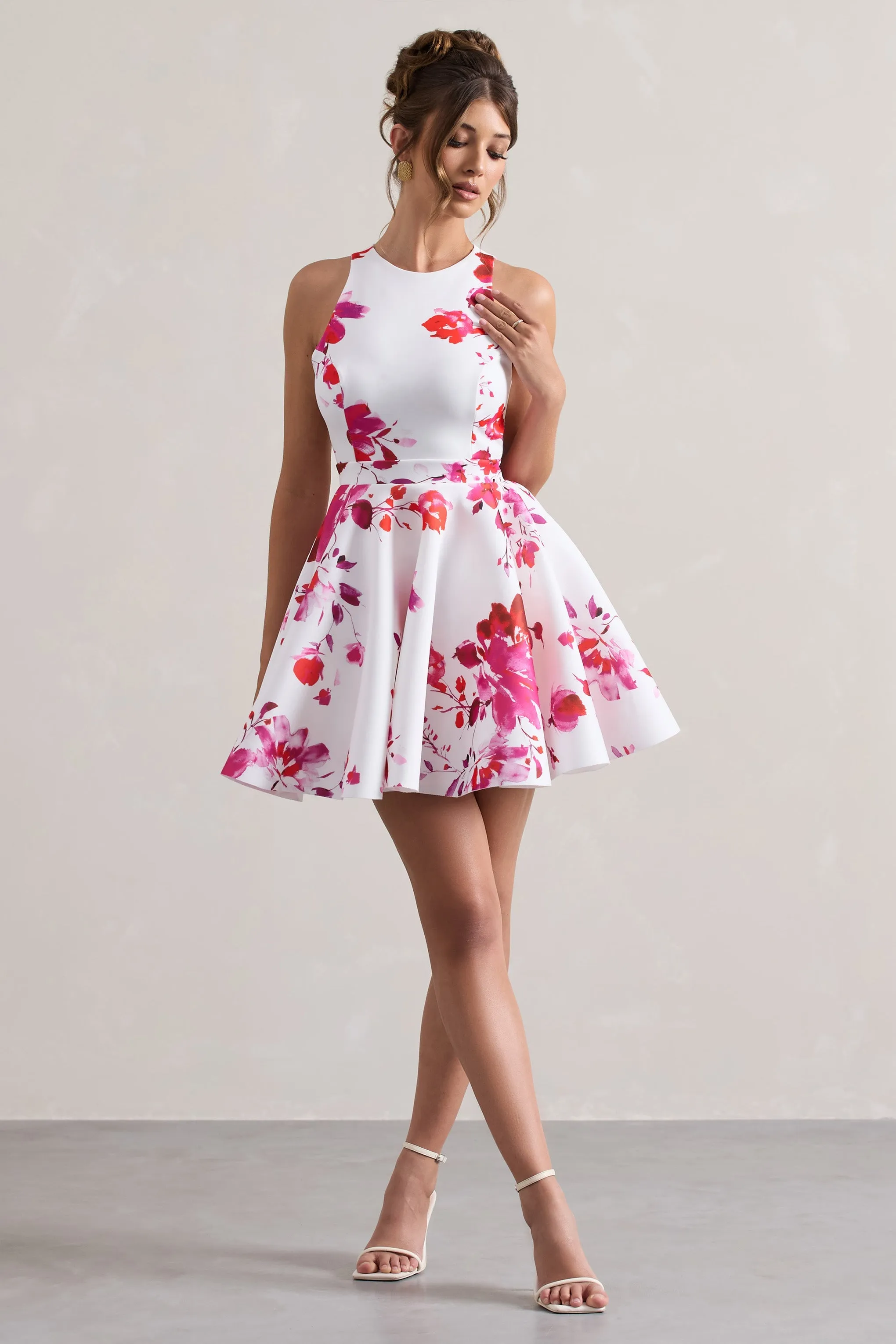 Waverly | Pink Floral Racer-Neck Sleeveless Skater Mini Dress sold by Club L London product image thumbnail 4