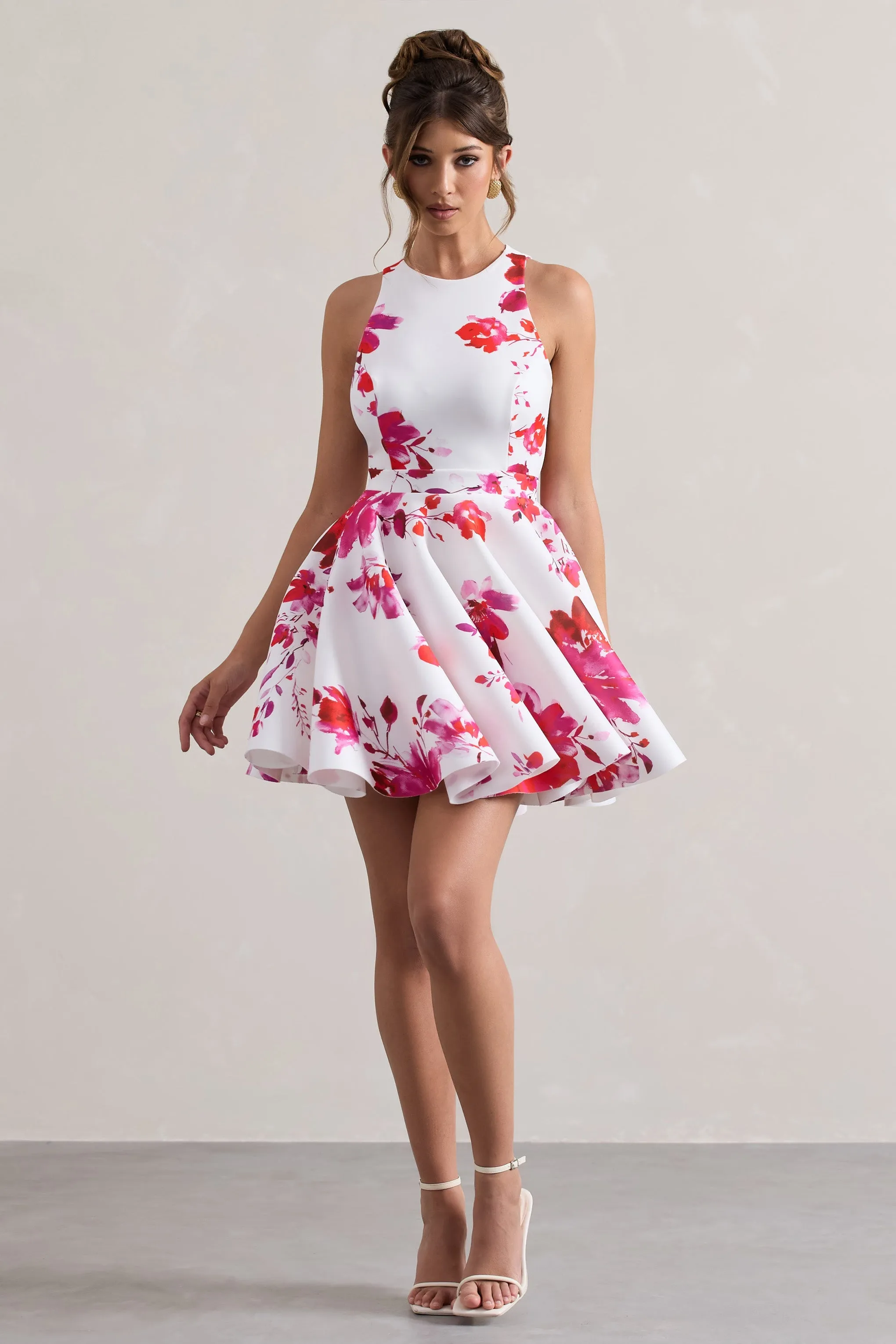 Waverly | Pink Floral Racer-Neck Sleeveless Skater Mini Dress sold by Club L London product image thumbnail 5