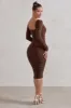 Seductress | Chocolate Long Sleeve Square Neck Ruched Midi Dress sold by Club L London