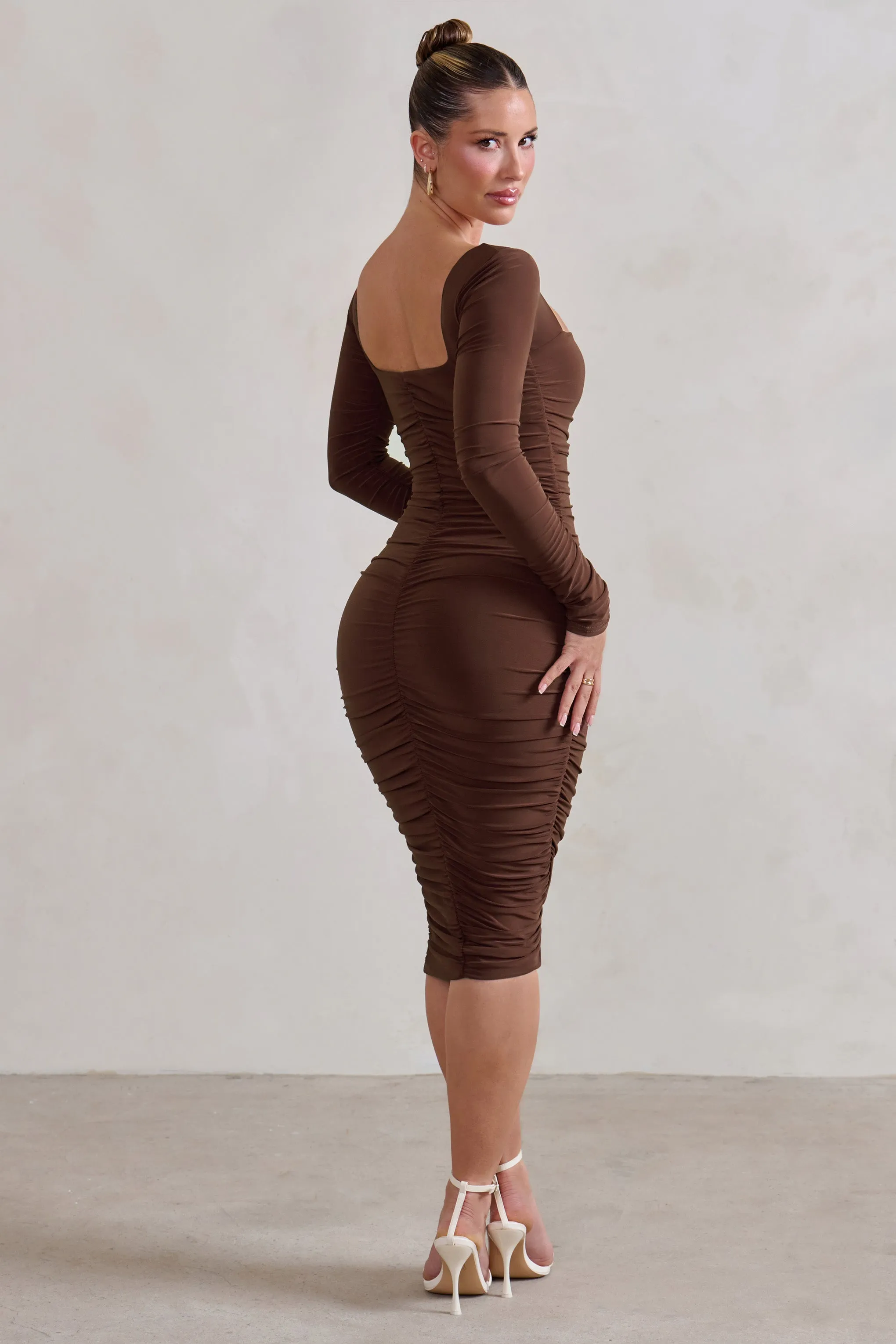 Seductress | Chocolate Long Sleeve Square Neck Ruched Midi Dress sold by Club L London product image thumbnail 2