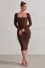 Seductress | Chocolate Long Sleeve Square Neck Ruched Midi Dress sold by Club L London
