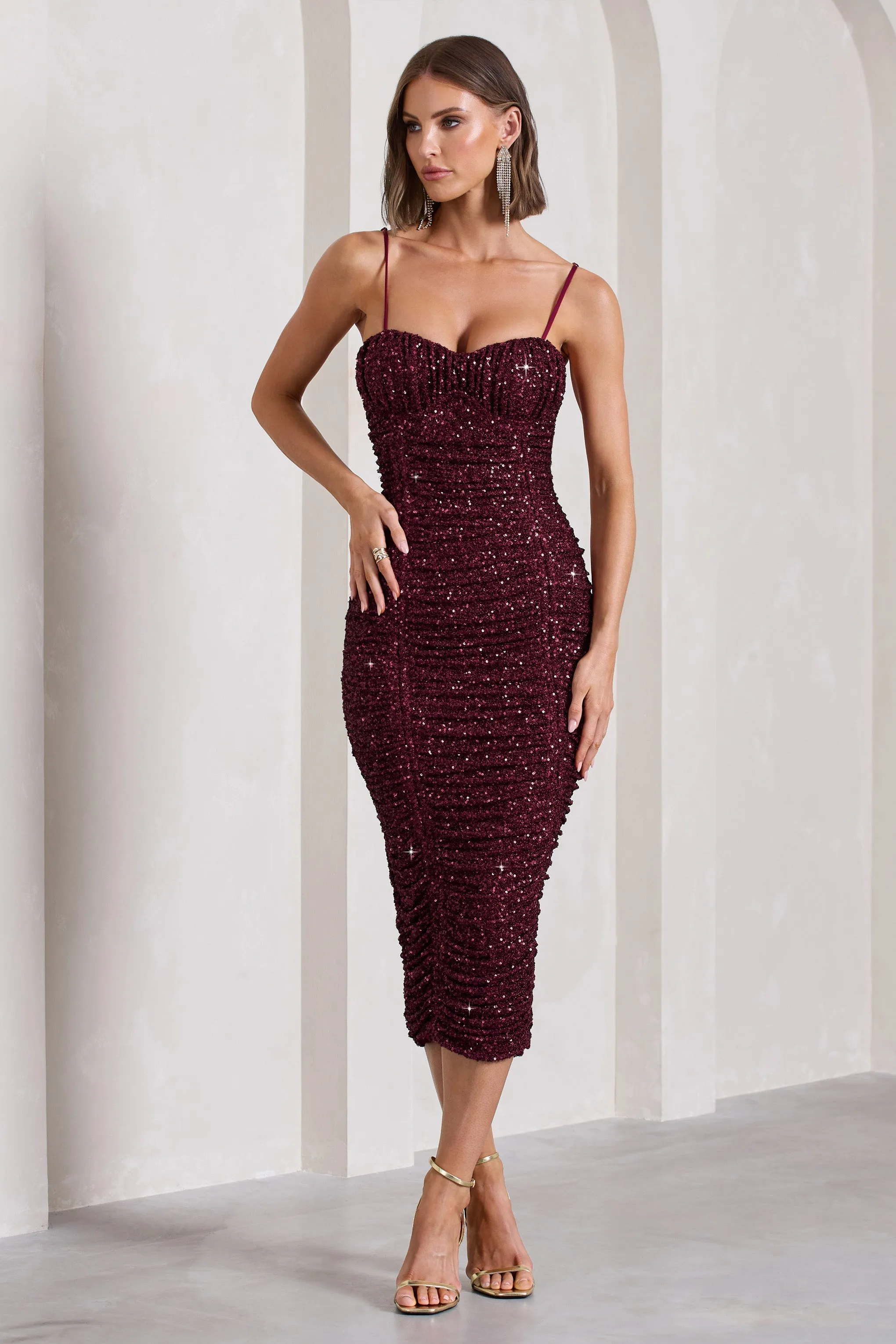 New Energy | Plum Sequin Strappy Ruched Bodycon Midi Dress sold by Club L London product image thumbnail 4
