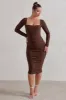 Seductress | Chocolate Long Sleeve Square Neck Ruched Midi Dress sold by Club L London