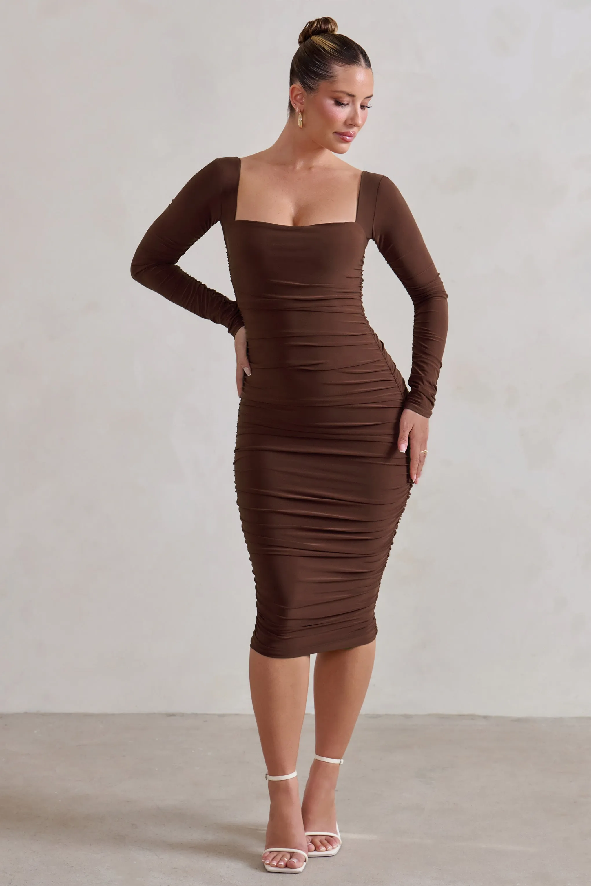 Seductress | Chocolate Long Sleeve Square Neck Ruched Midi Dress sold by Club L London product image thumbnail 3