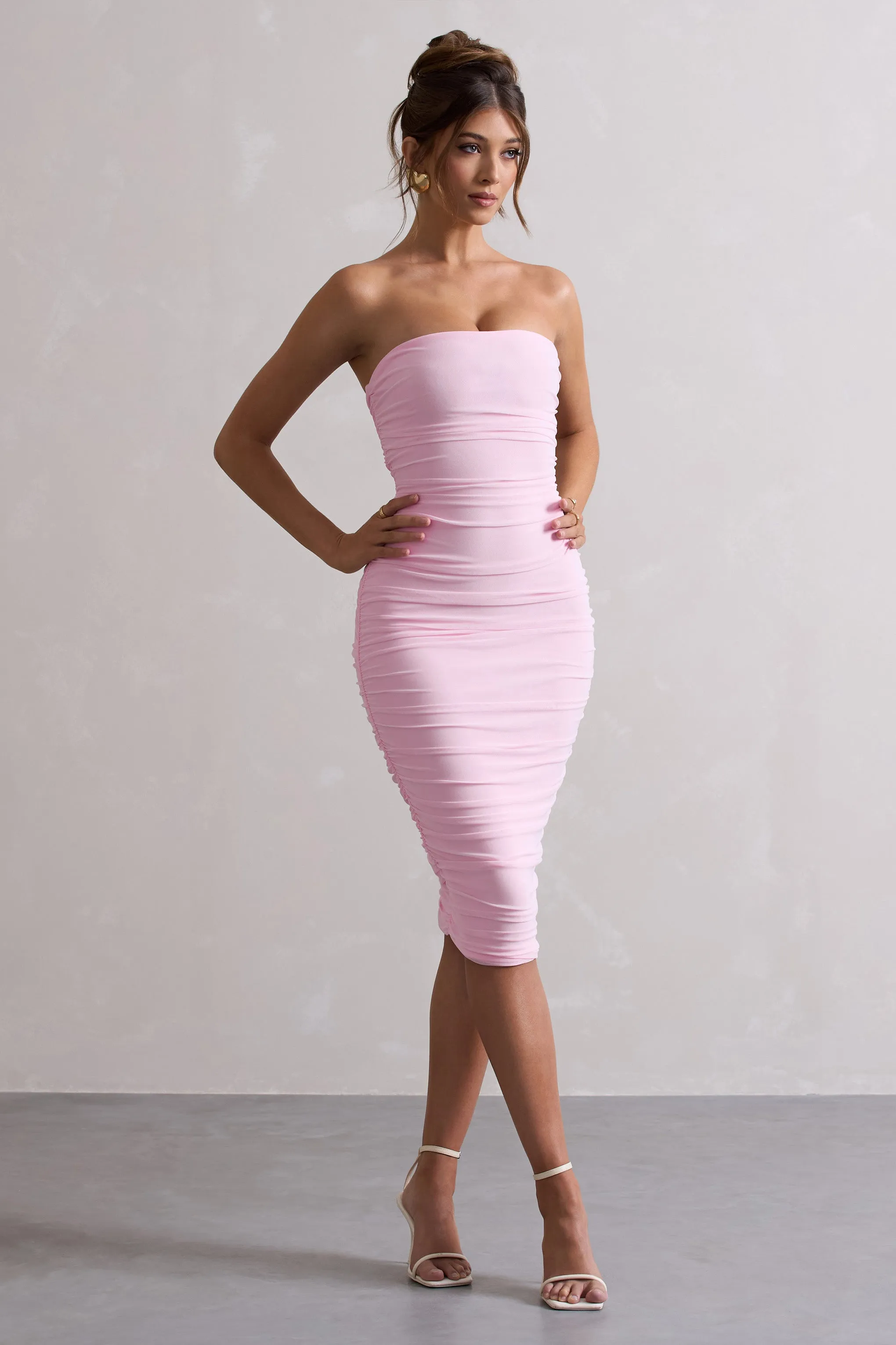 My Girl | Pink Strapless Bodycon Ruched Mesh Midi Dress sold by Club L London