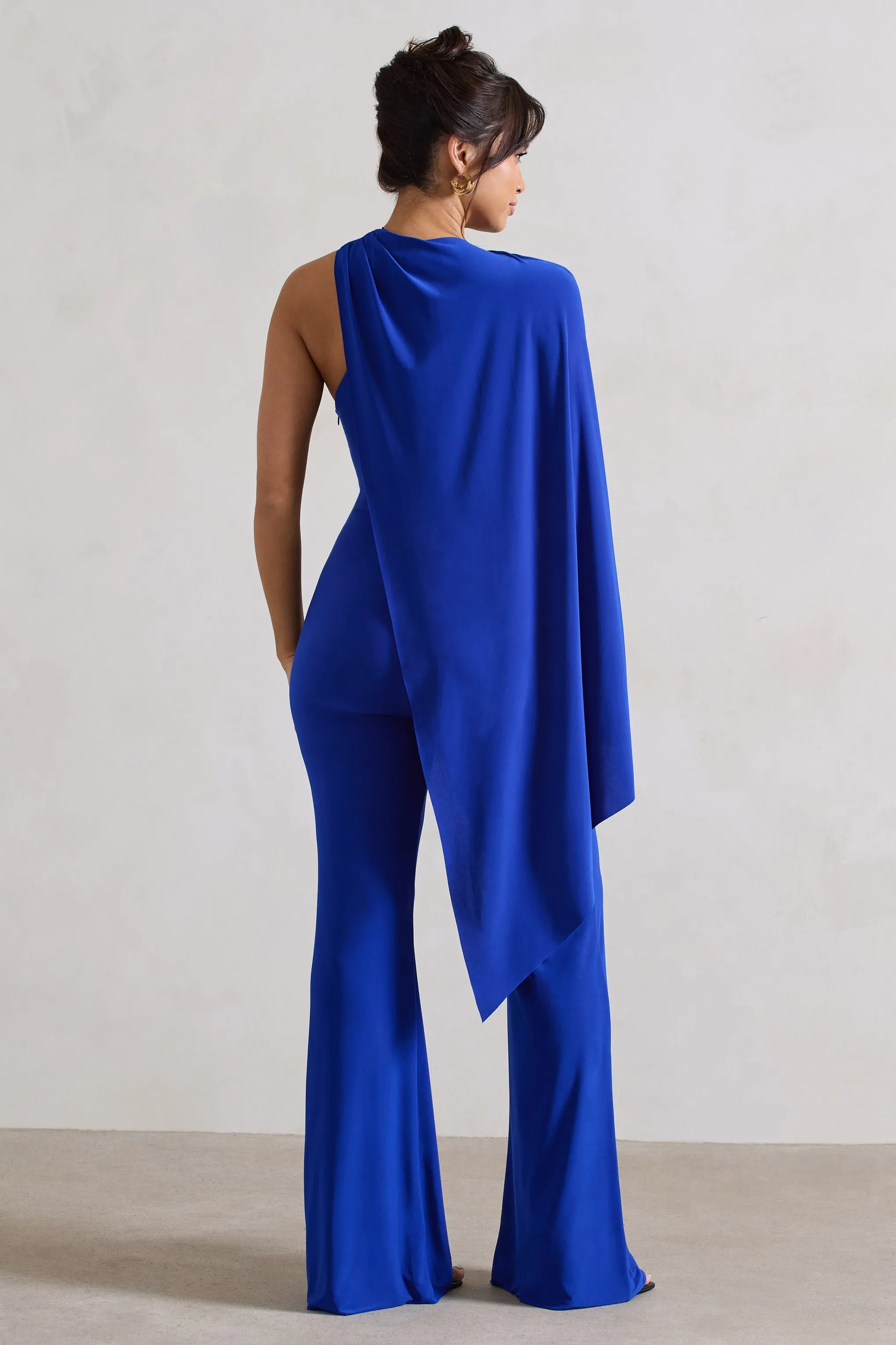 Offset | Royal Blue Asymmetric Flared-Leg Jumpsuit With Cape Sleeve sold by Club L London product image thumbnail 2