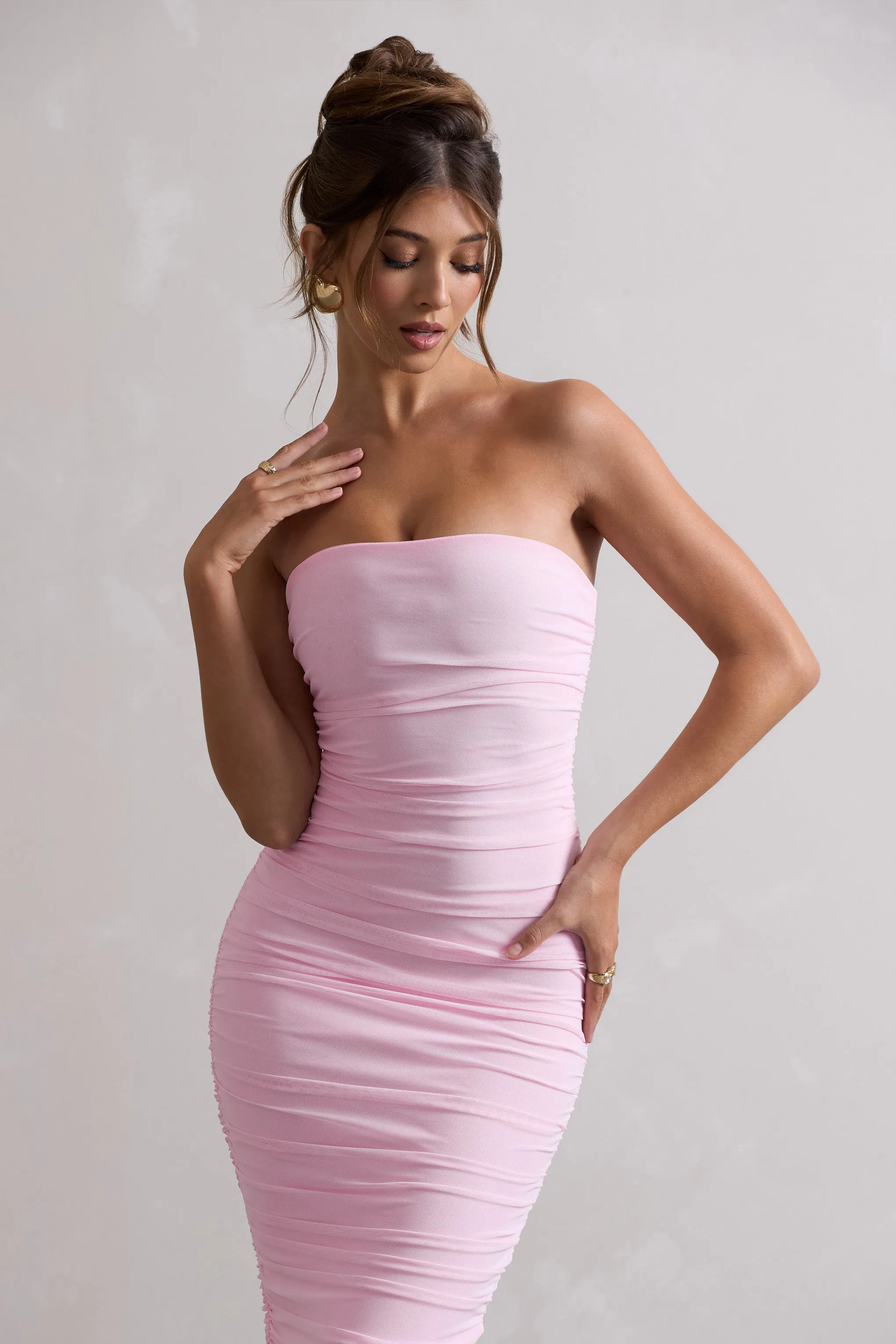 My Girl | Pink Strapless Bodycon Ruched Mesh Midi Dress sold by Club L London product image thumbnail 3