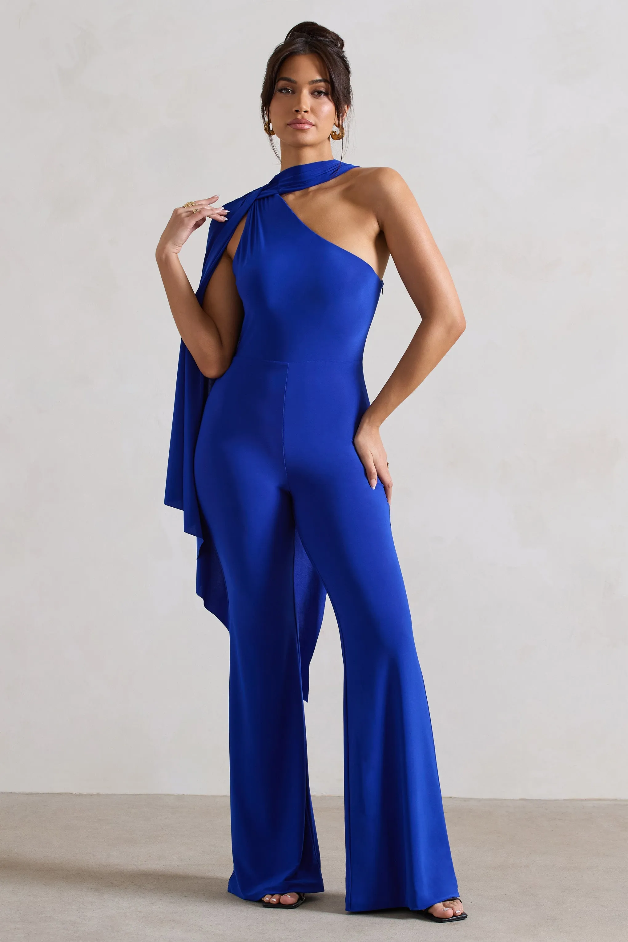 Offset | Royal Blue Asymmetric Flared-Leg Jumpsuit With Cape Sleeve sold by Club L London product image thumbnail 3