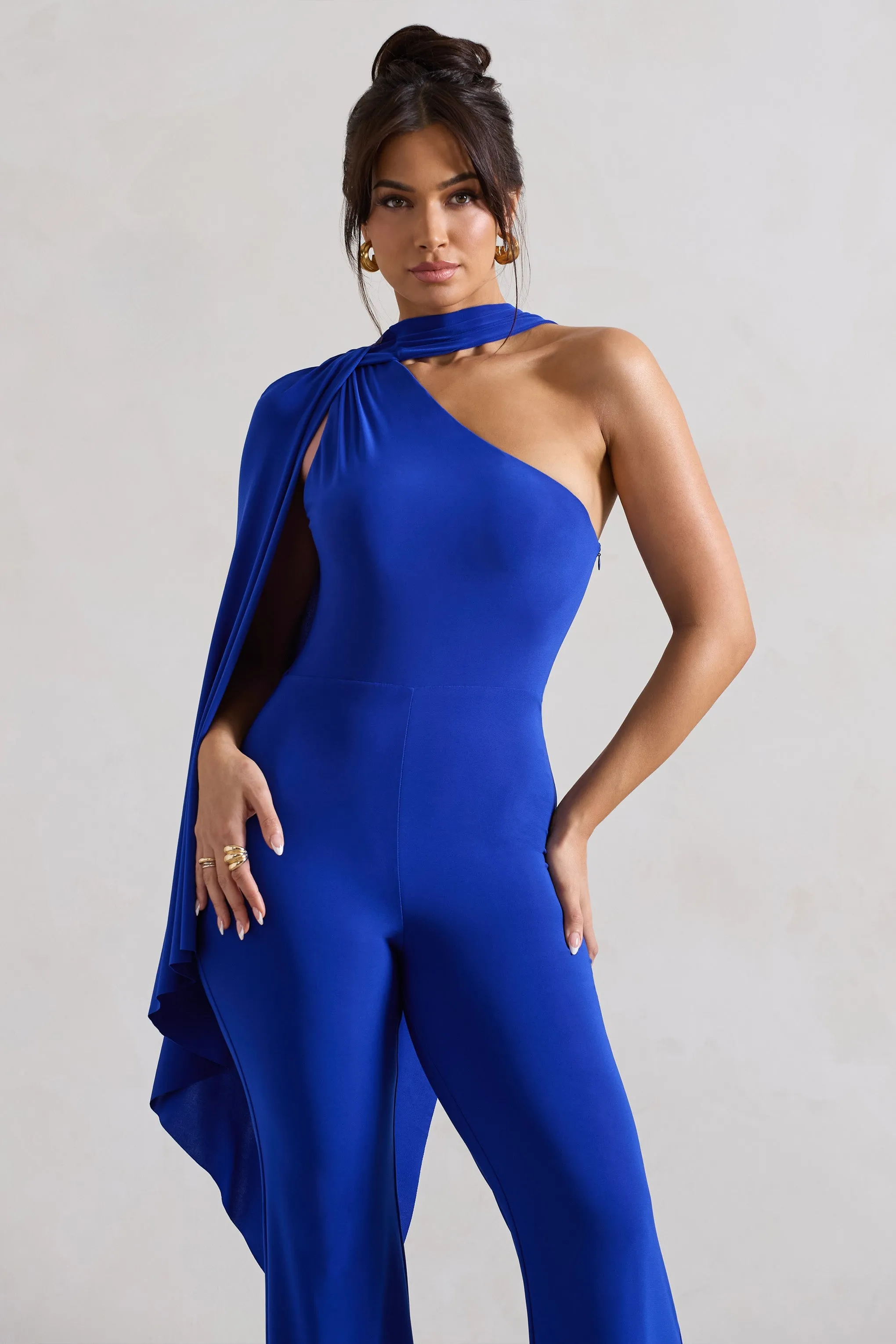 Offset | Royal Blue Asymmetric Flared-Leg Jumpsuit With Cape Sleeve sold by Club L London product image thumbnail 4