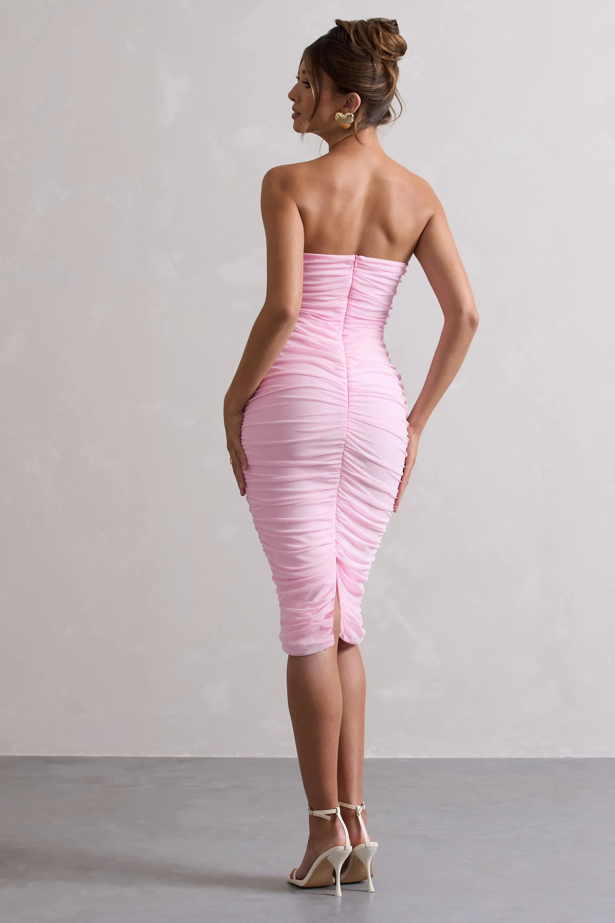 My Girl | Pink Strapless Bodycon Ruched Mesh Midi Dress sold by Club L London product image thumbnail 2