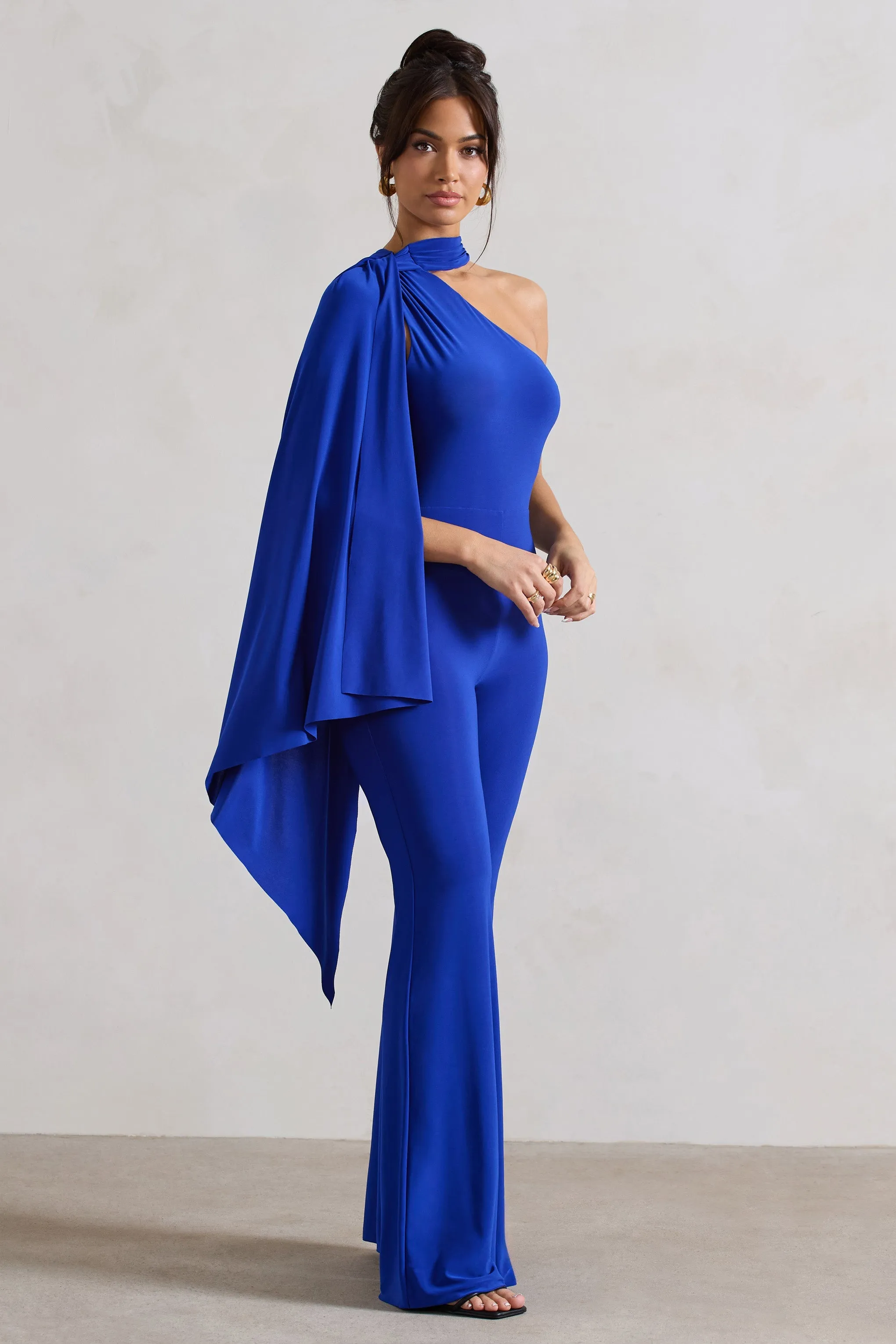 Offset | Royal Blue Asymmetric Flared-Leg Jumpsuit With Cape Sleeve sold by Club L London product image thumbnail 5