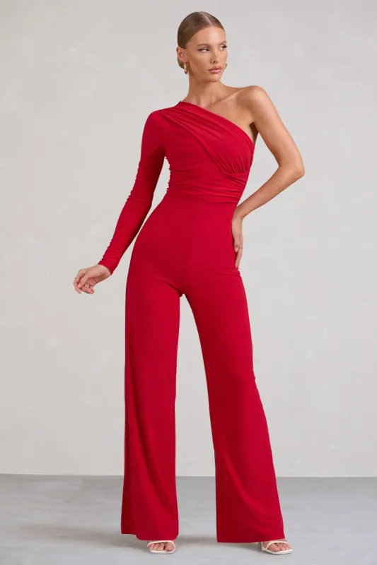 Mila | Red One Shoulder Ruched Wide Leg Jumpsuit sold by Club L London