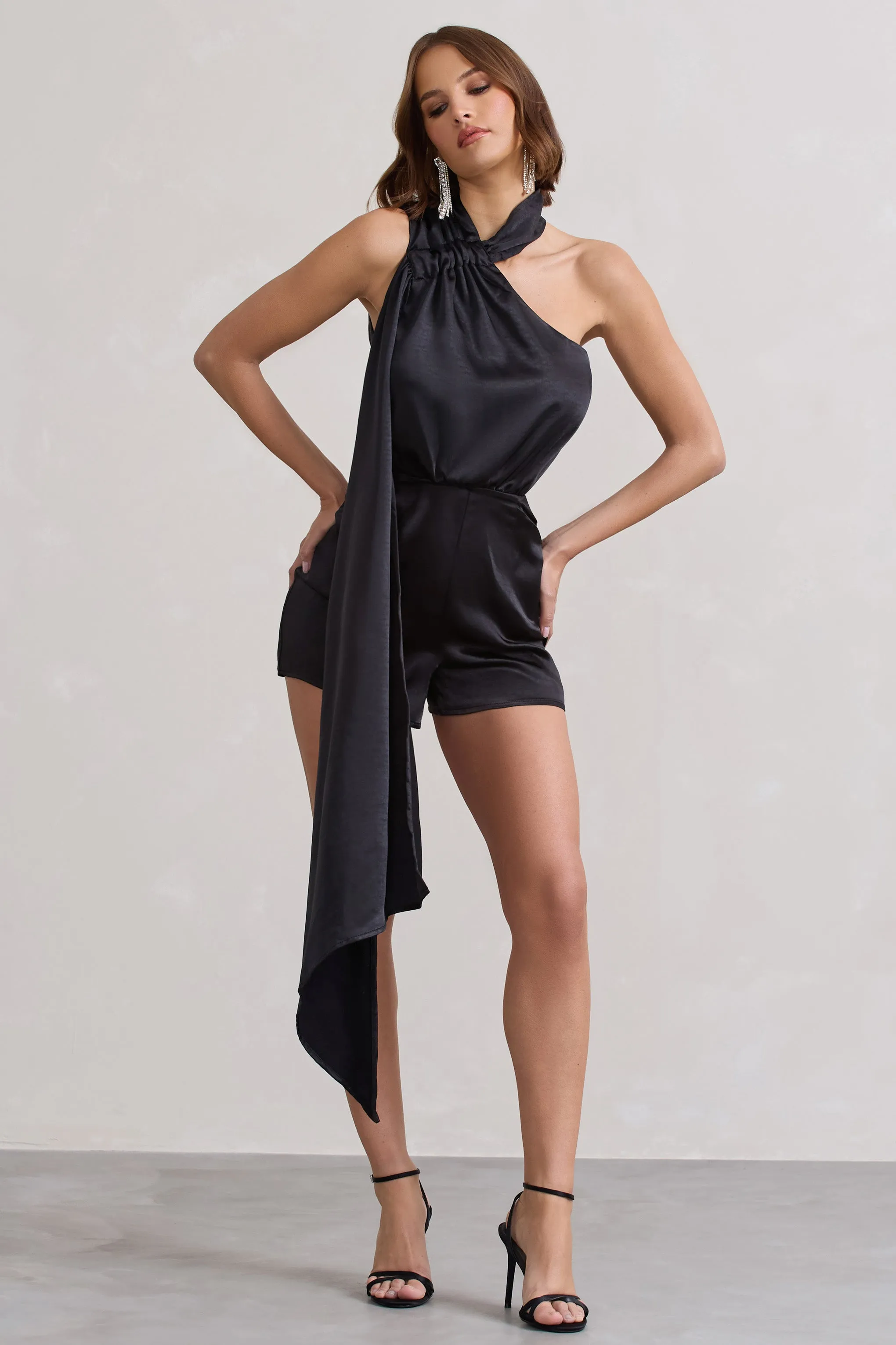 Ladies Day | Black Satin Scarf Detail Playsuit sold by Club L London product image thumbnail 5