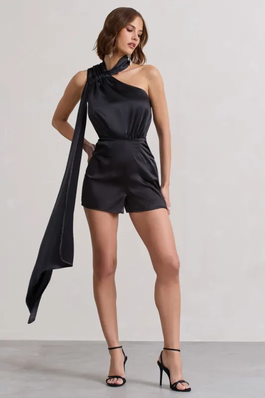 Ladies Day | Black Satin Scarf Detail Playsuit sold by Club L London