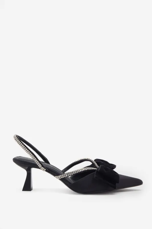 Pretty & Poised | Black Diamante Strap Sling Back Kitten Heels With Bows sold by Club L London