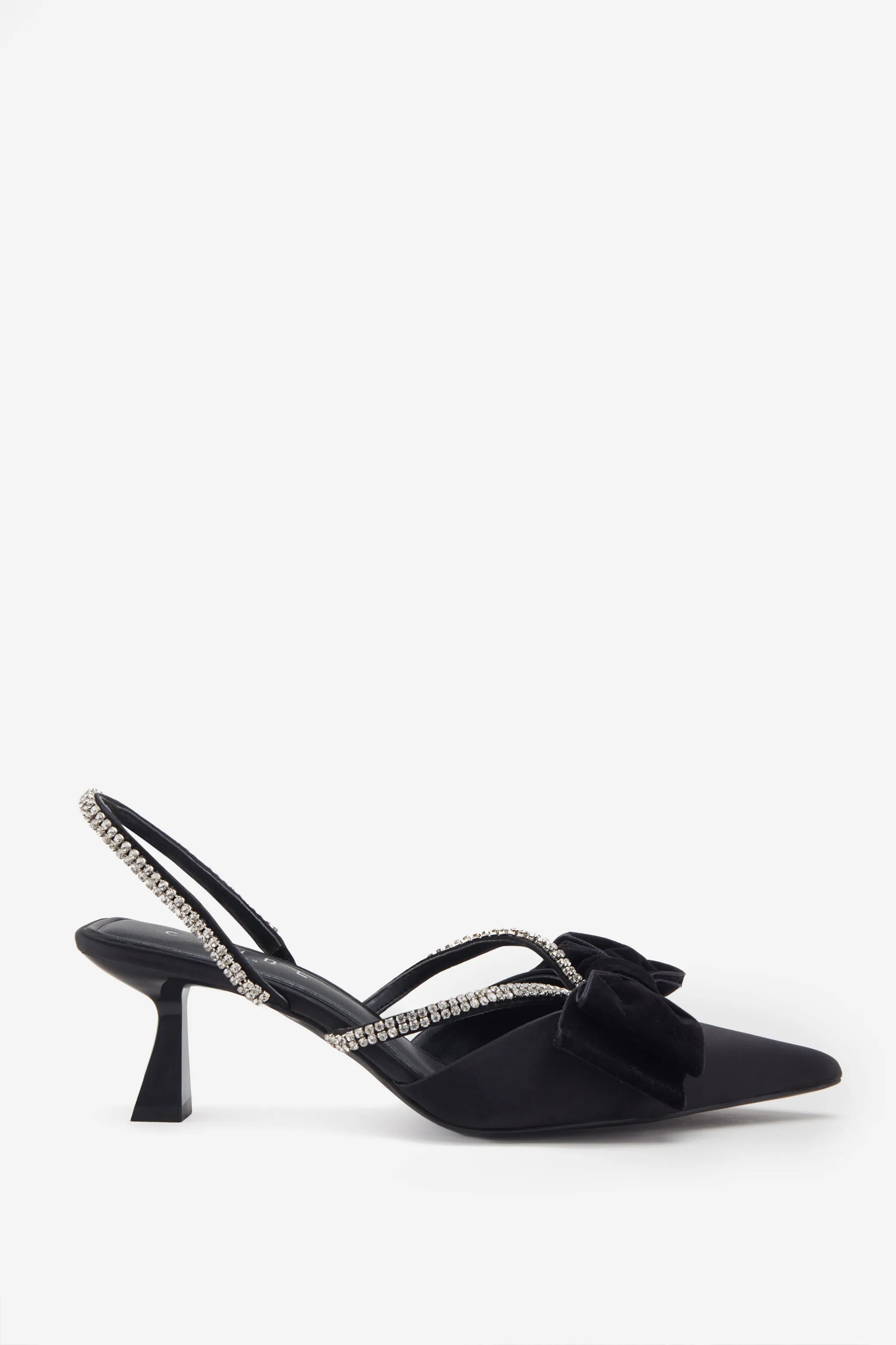 Pretty & Poised | Black Diamante Strap Sling Back Kitten Heels With Bows sold by Club L London