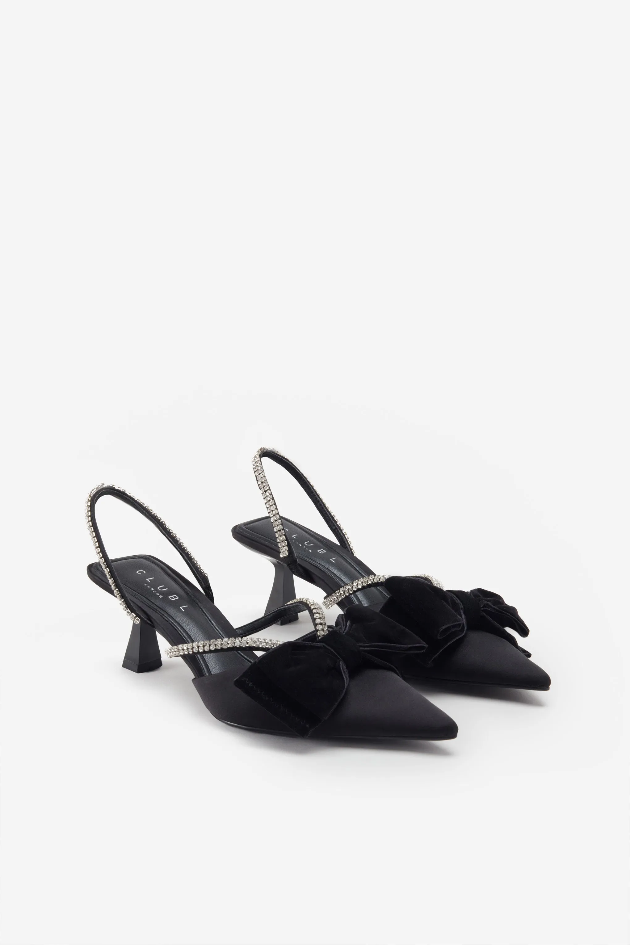 Pretty & Poised | Black Diamante Strap Sling Back Kitten Heels With Bows sold by Club L London product image thumbnail 2