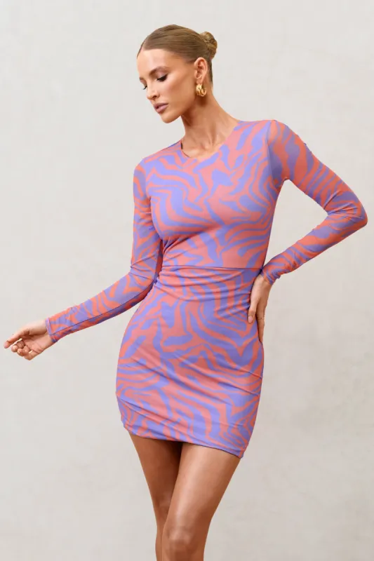 Night Sky | Orange Zebra Print Mesh Long Sleeves Mini Dress sold by Club L London