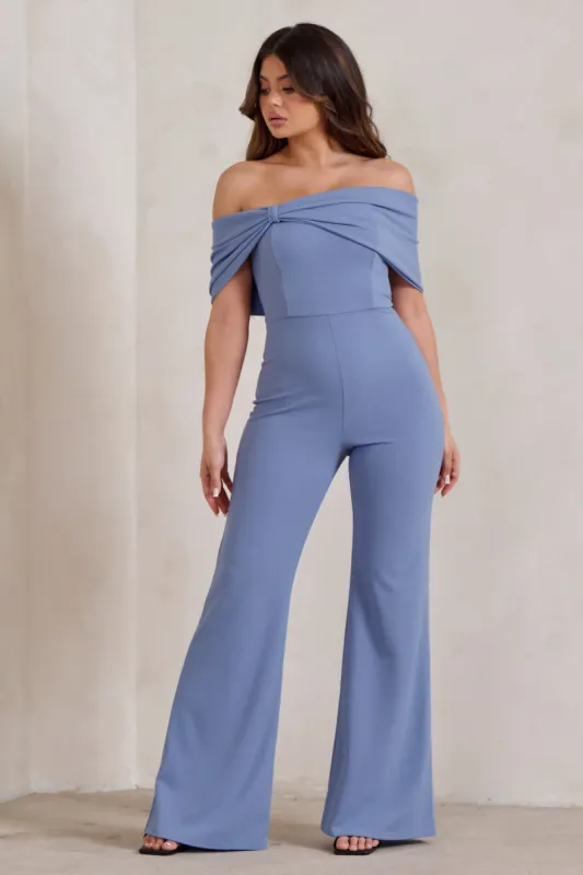 Zoey | Blue Bardot Bow Detail Jumpsuit sold by Club L London