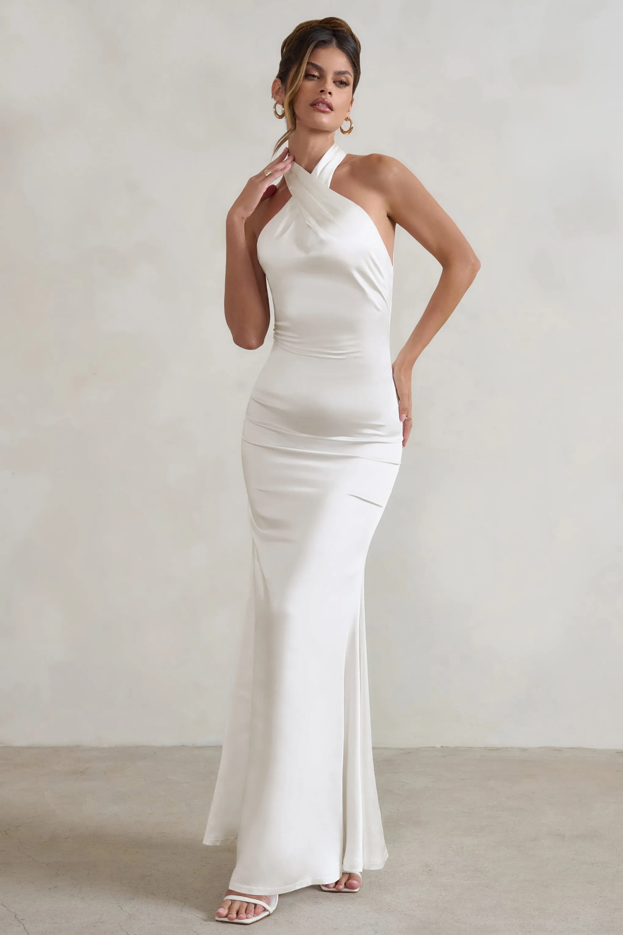 Unstoppable | White Satin Cross Over Halter Neck Maxi Dress sold by Club L London product image thumbnail 4