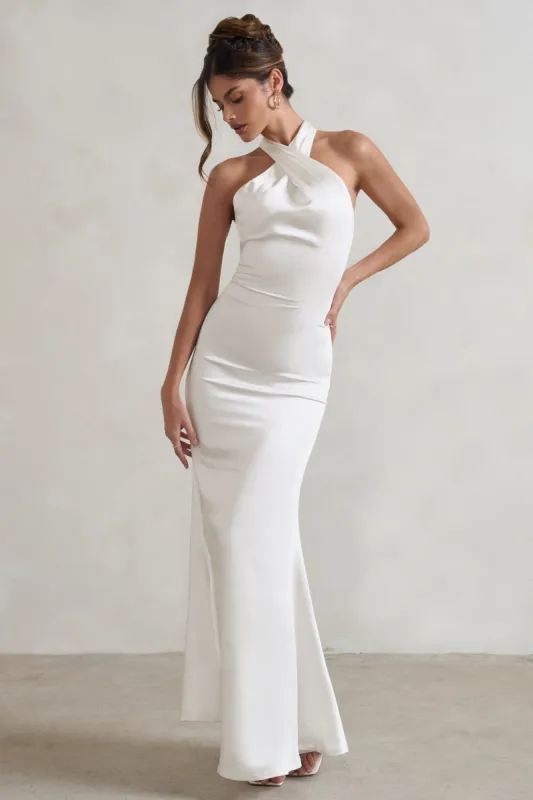 Unstoppable | White Satin Cross Over Halter Neck Maxi Dress sold by Club L London