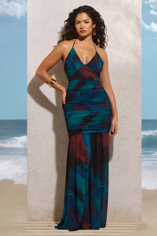 Clio | Blue Print Halter-Neck Chiffon  Maxi Dress sold by Club L London