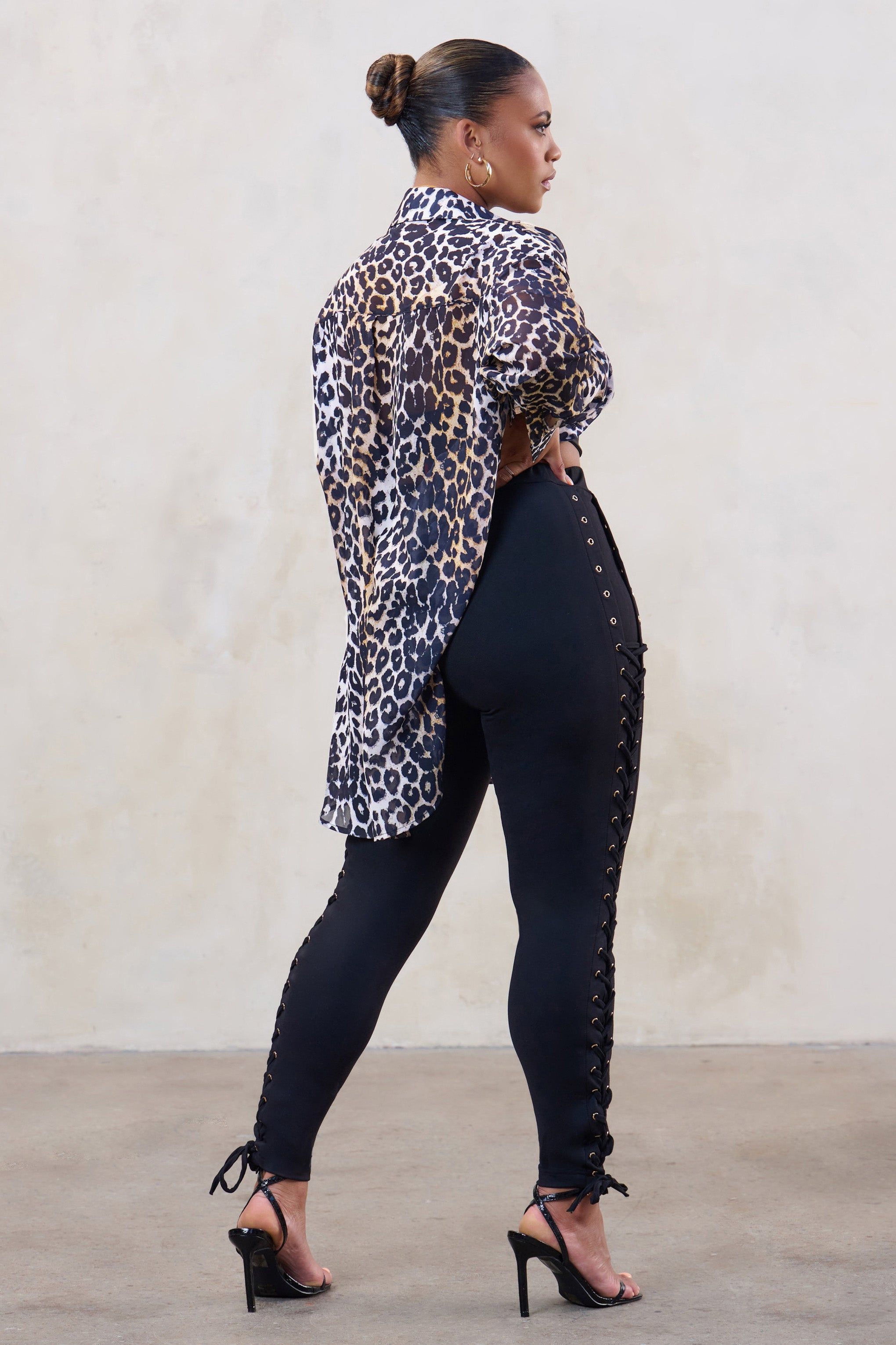 Extrovert | Plus Black Eyelet And Lace-Up Detail Leggings sold by Club L London product image thumbnail 2