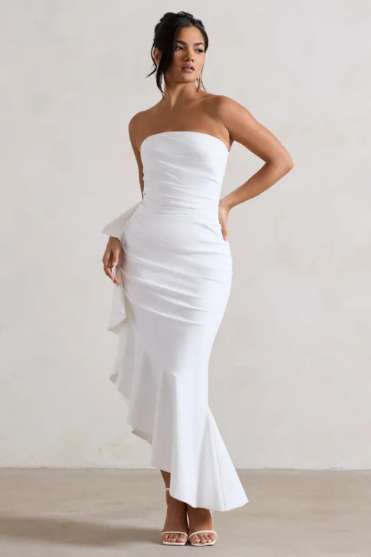 New Age | White Strapless Asymmetric Ruffled Maxi Dress sold by Club L London
