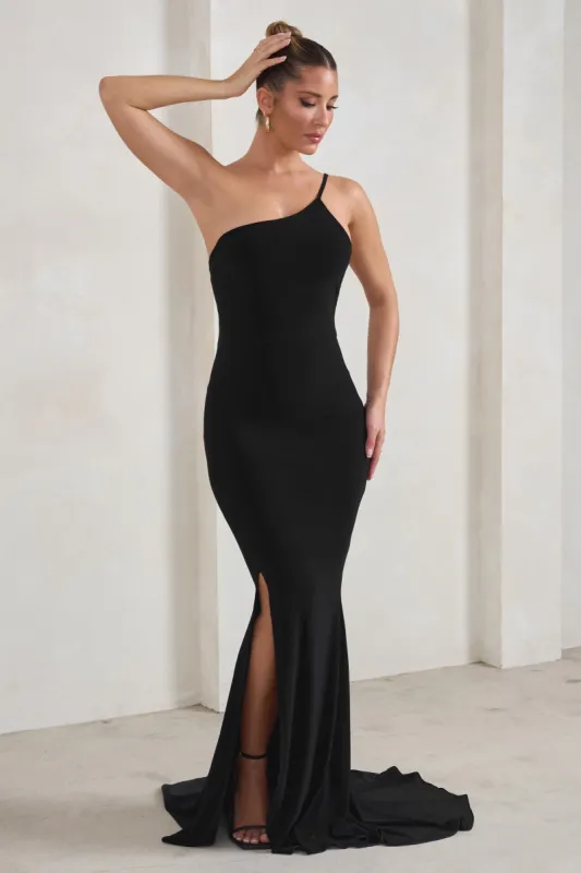 Belle | Black One Shoulder Fishtail Maxi Dress sold by Club L London