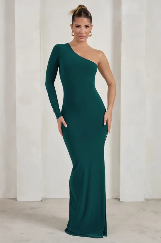Melanie | Green One Shoulder Split Maxi Dress sold by Club L London