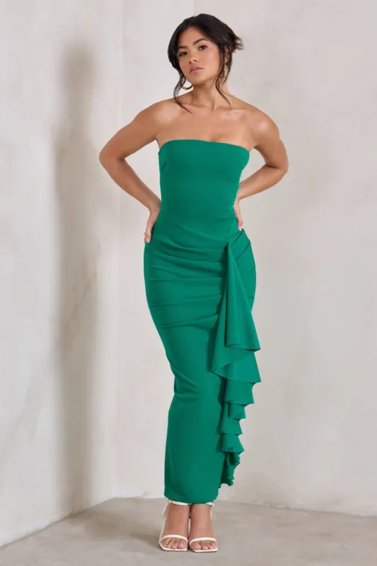 Fleur | Green Bandeau Ruffle Maxi Dress sold by Club L London