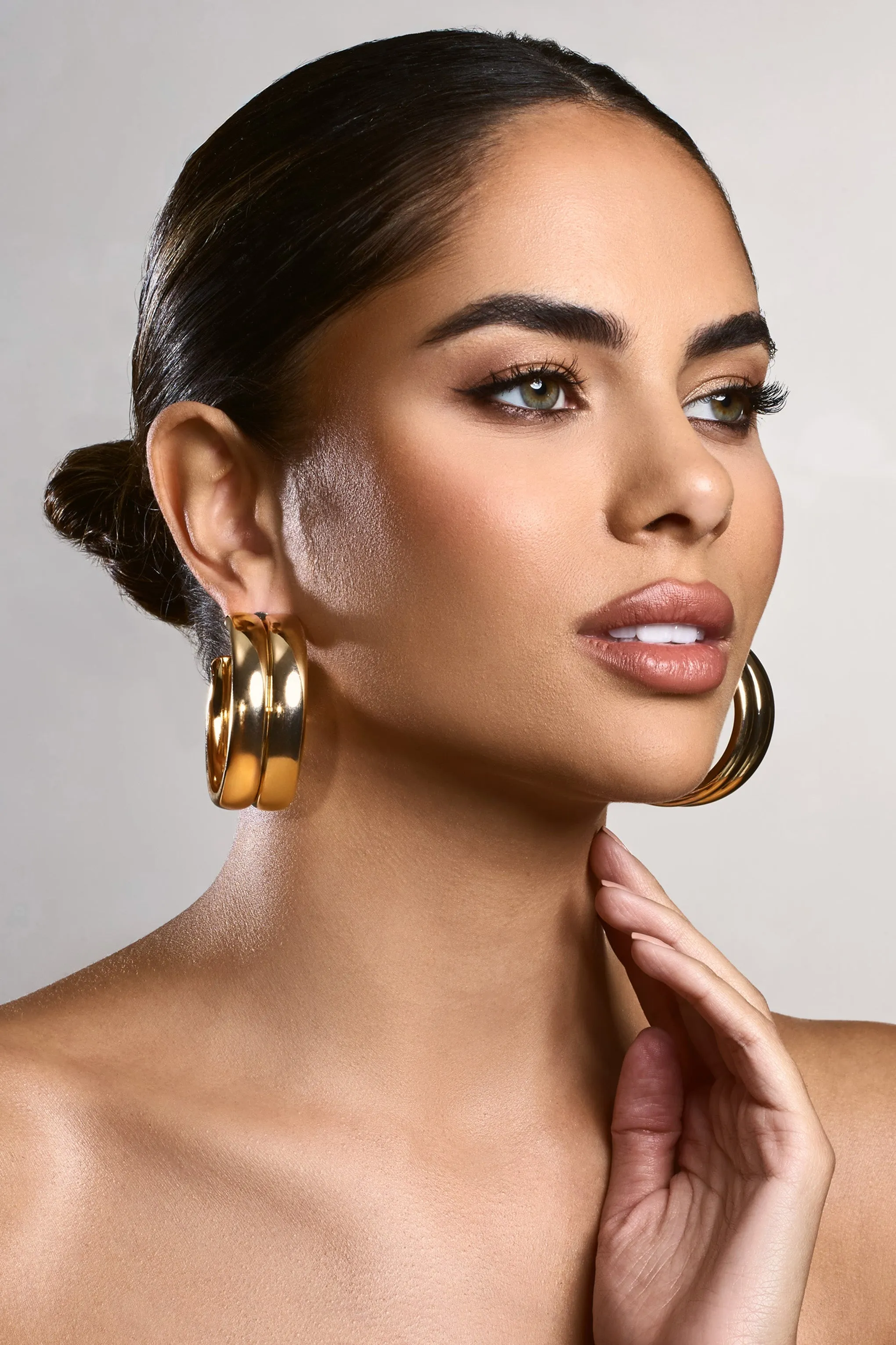Eleasha | Gold Chunky Layered Hoop Earrings sold by Club L London product image thumbnail 4