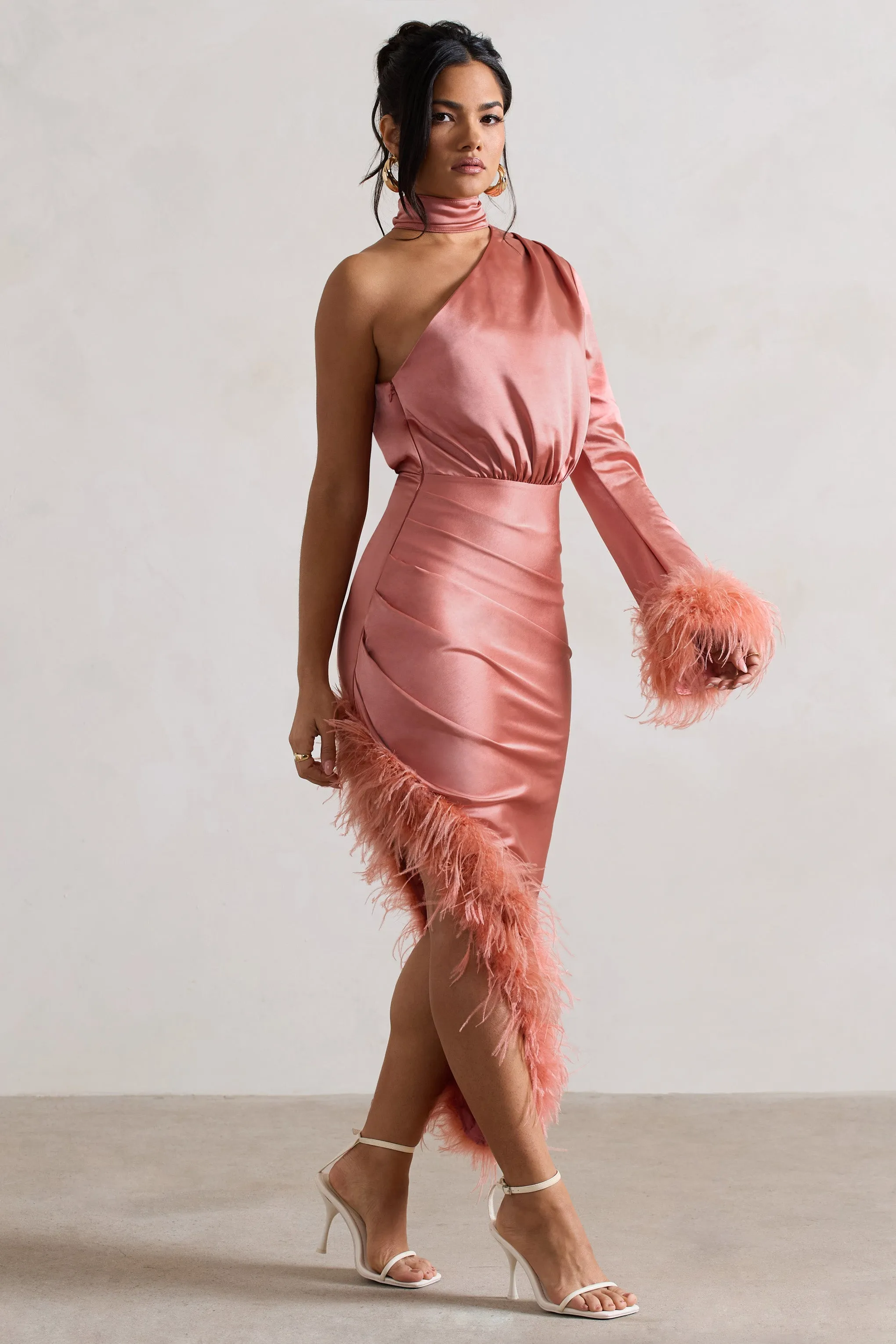 Dolce | Coral Satin Asymmetric One Sleeve Maxi Dress With Feather Trims sold by Club L London product image thumbnail 5