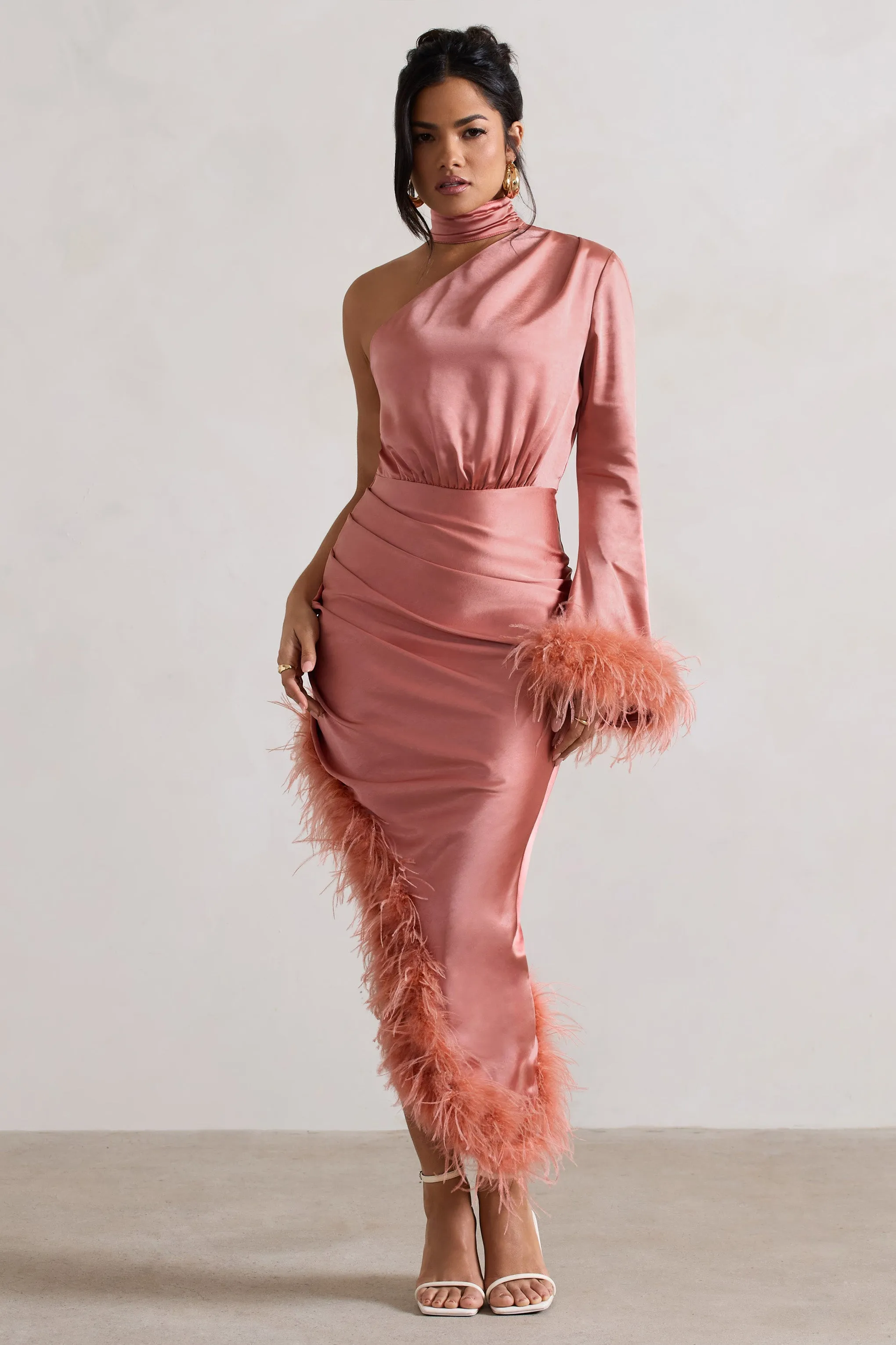 Dolce | Coral Satin Asymmetric One Sleeve Maxi Dress With Feather Trims sold by Club L London