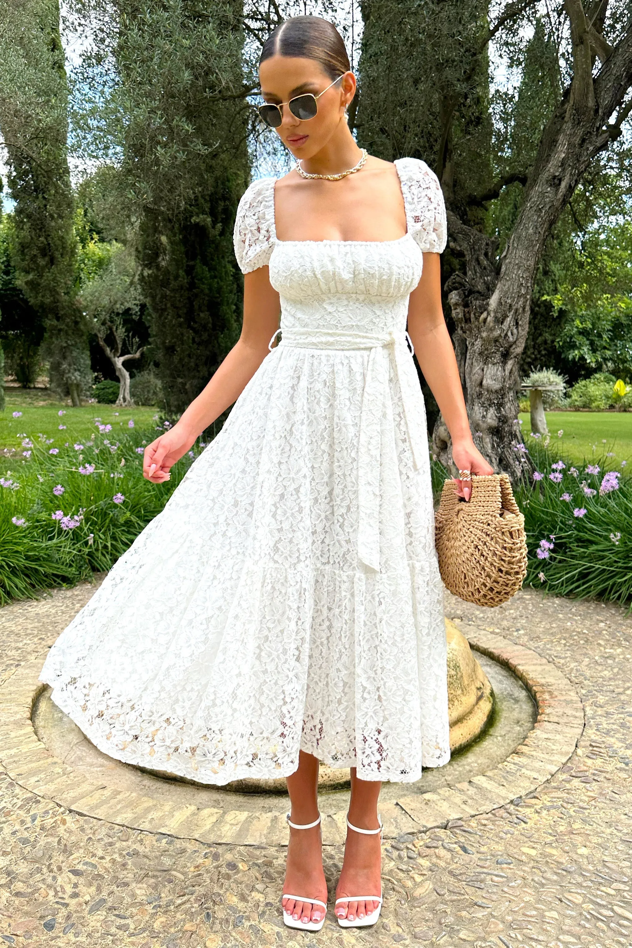 Corfu | White Lace Puff-Sleeve Belted Midi Dress sold by Club L London