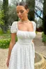 Corfu | White Lace Puff-Sleeve Belted Midi Dress sold by Club L London