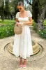 Corfu | White Lace Puff-Sleeve Belted Midi Dress sold by Club L London