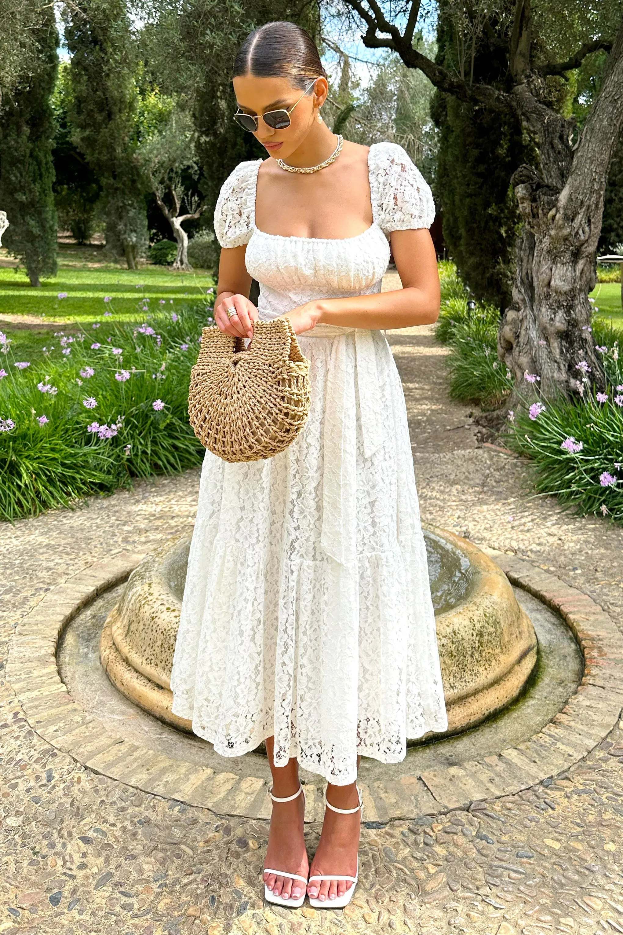Corfu | White Lace Puff-Sleeve Belted Midi Dress sold by Club L London product image thumbnail 4