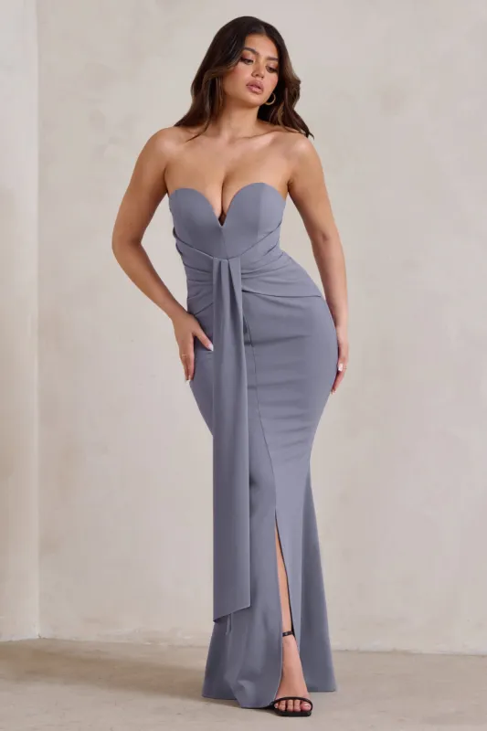 Carrie | Grey Sweetheart Neckline Maxi Dress With Statement Tie made by Club L London
