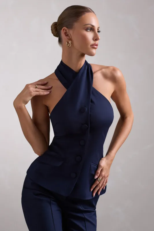 Remi | Navy Cross Halter Neck Tailored Sleeveless Blazer Top sold by Club L London