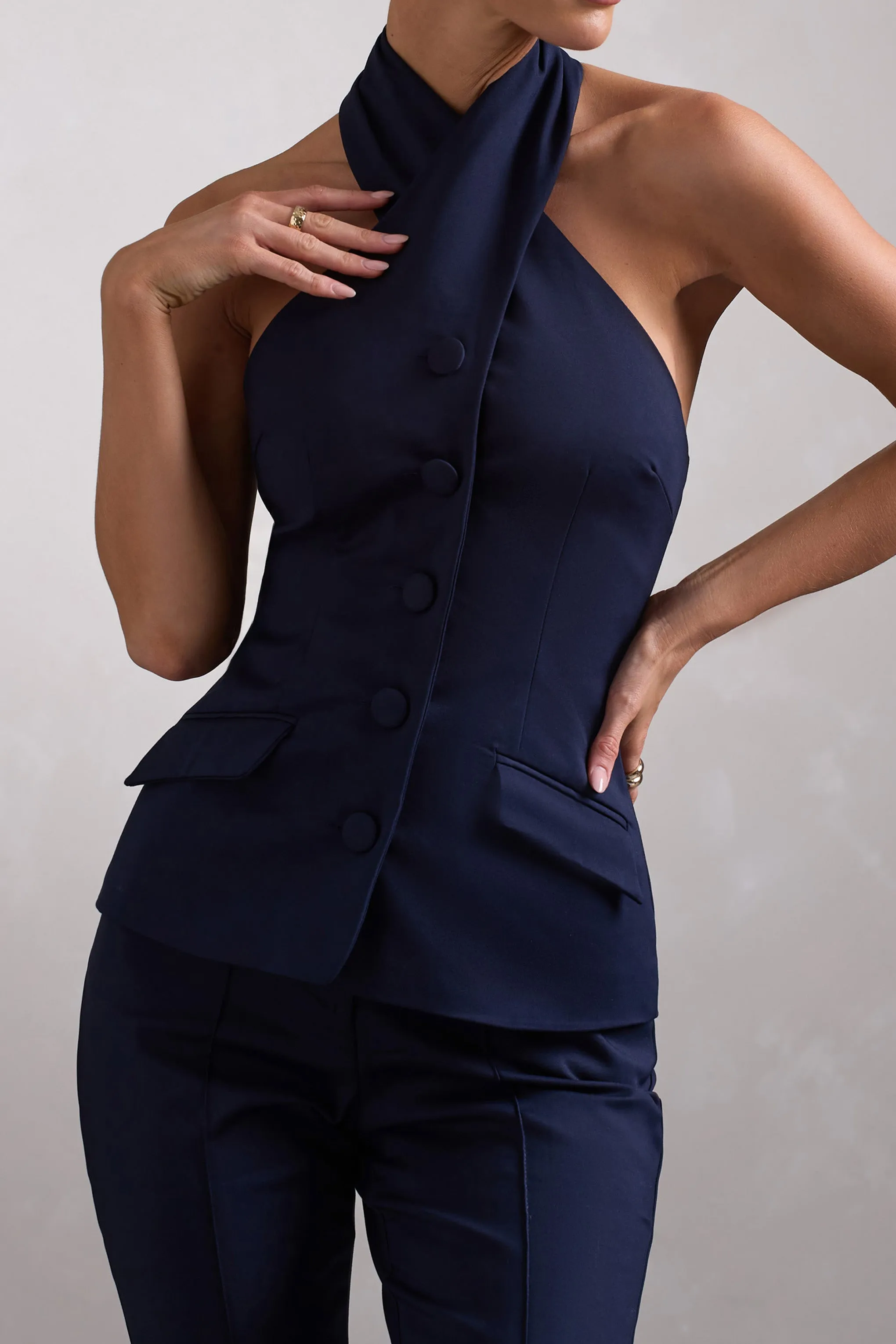 Remi | Navy Cross Halter Neck Tailored Sleeveless Blazer Top sold by Club L London product image thumbnail 5