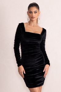 Muse | Black Velvet Long Sleeve Square Neck Ruched Mini Dress sold by Club L London