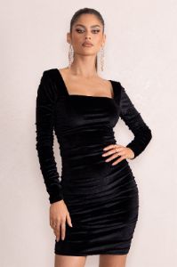 Muse | Black Velvet Long Sleeve Square Neck Ruched Mini Dress sold by Club L London