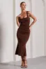 Evora | Chocolate Ruched Square-Neck Midi Dress sold by Club L London