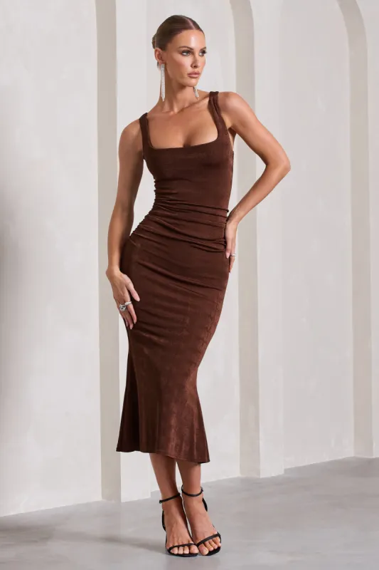 Evora | Chocolate Ruched Square-Neck  Midi Dress sold by Club L London