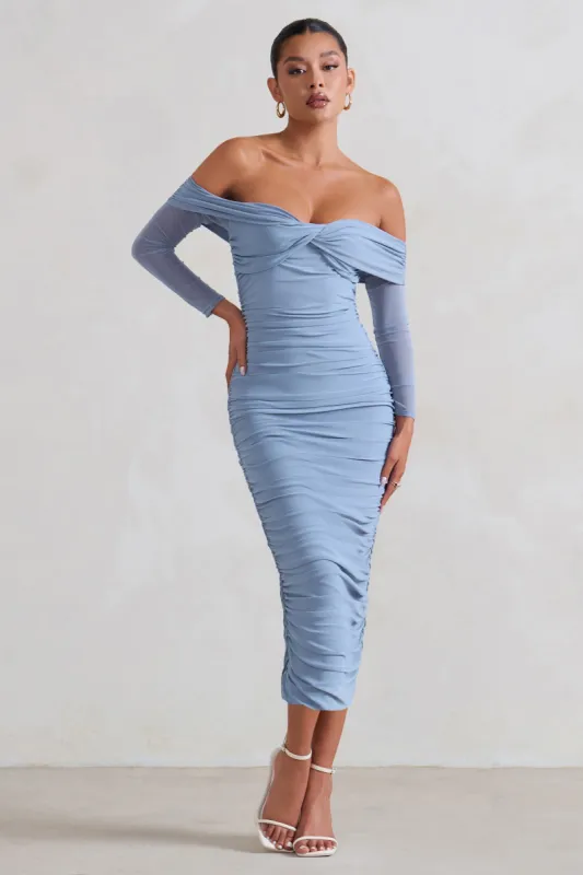 Neva | Ice Blue Bardot Twist Midi Dress sold by Club L London