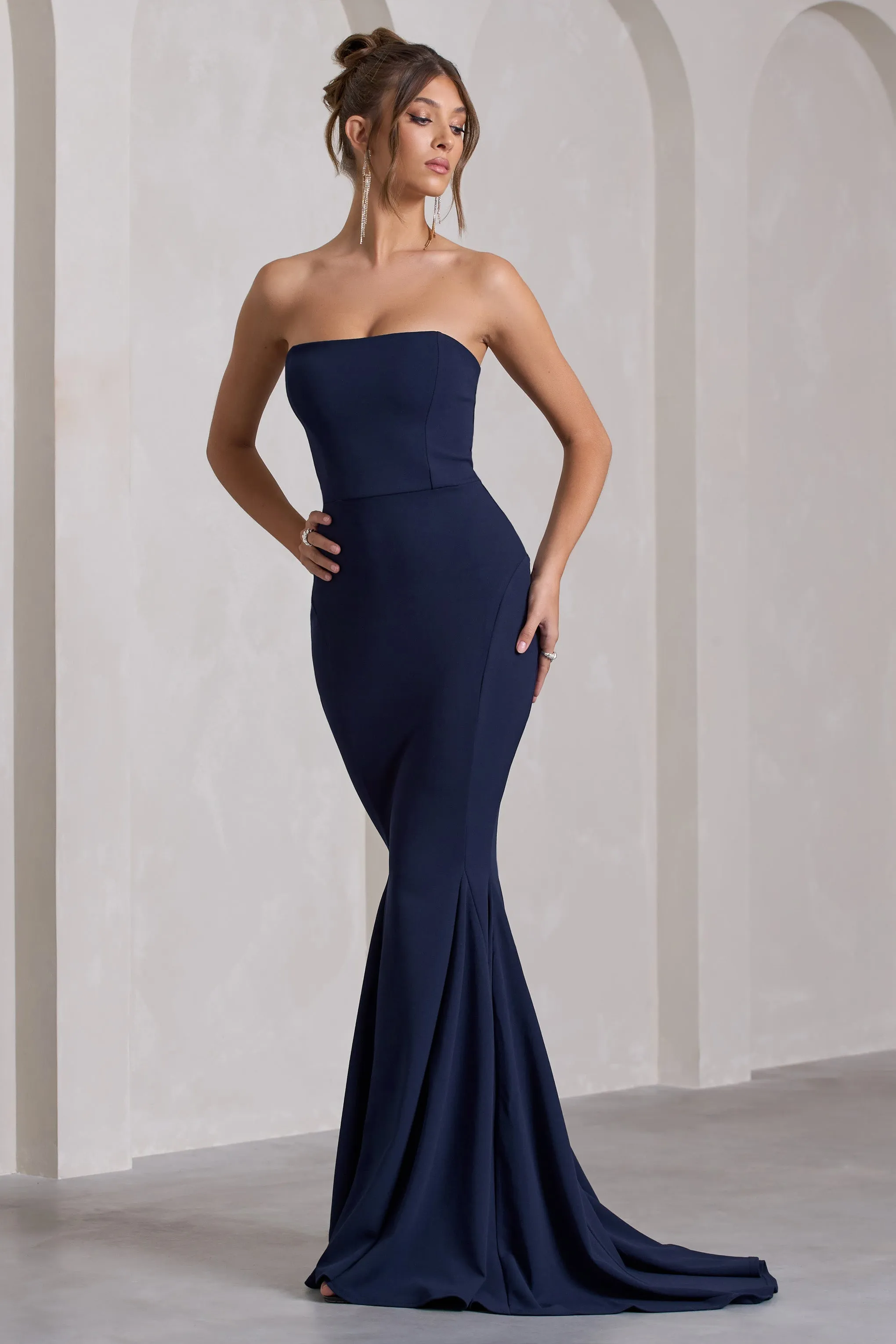 Impress Me | Navy Strapless Bandeau Fishtail Maxi Dress sold by Club L London