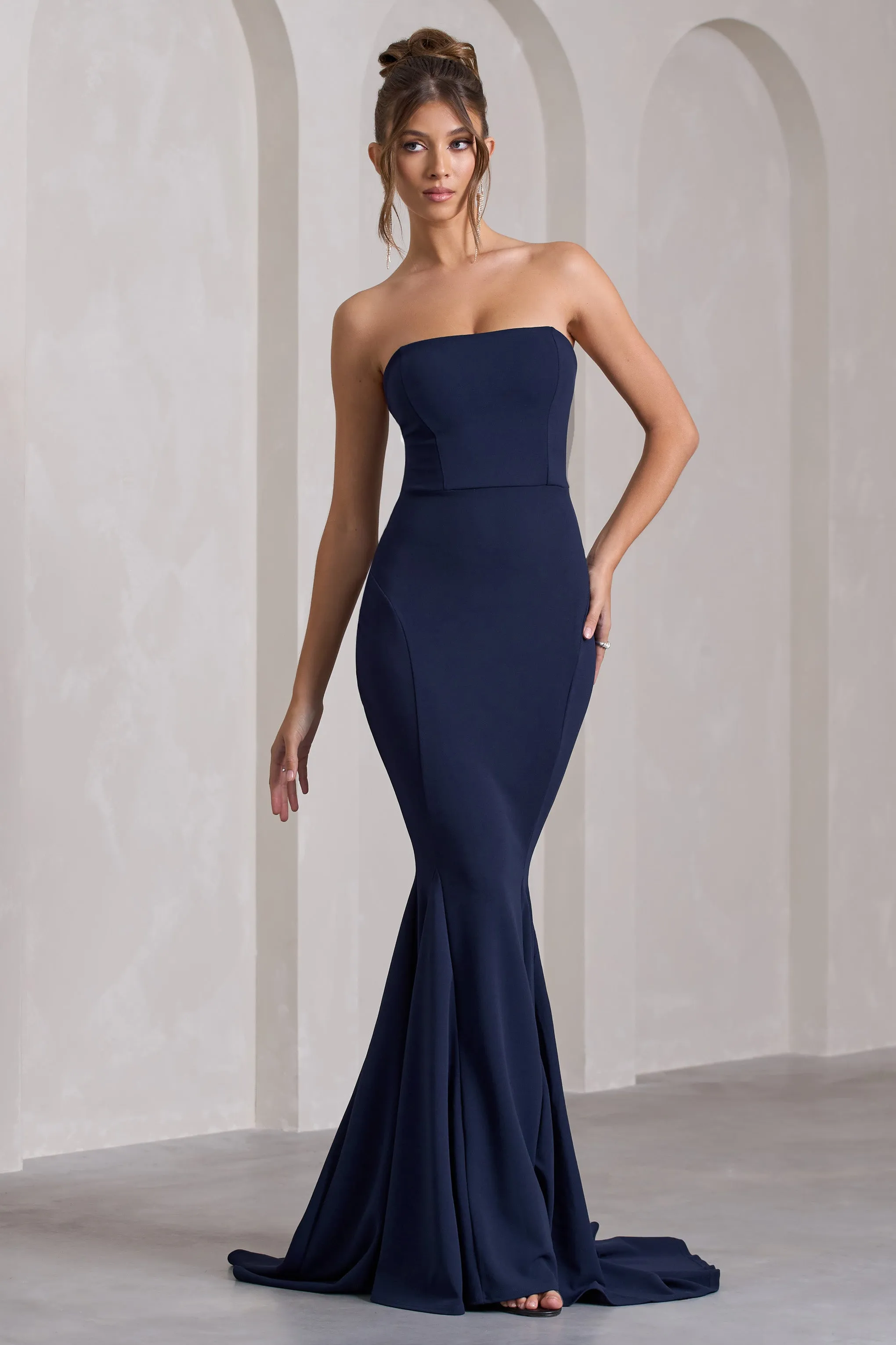 Impress Me | Navy Strapless Bandeau Fishtail Maxi Dress sold by Club L London product image thumbnail 4