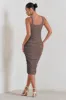 Lisbon | Mocha Maternity Square Neck Ruched Midi Dress sold by Club L London