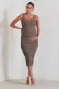 Lisbon | Mocha Maternity Square Neck Ruched Midi Dress sold by Club L London